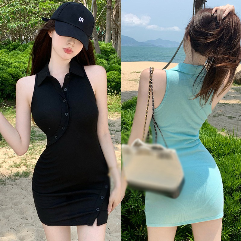 Đầm Không Tay Cài Nút Cổ Bẻ Màu Sắc Trơn Phong Cách Hàn Quốc Dành Cho Nữ