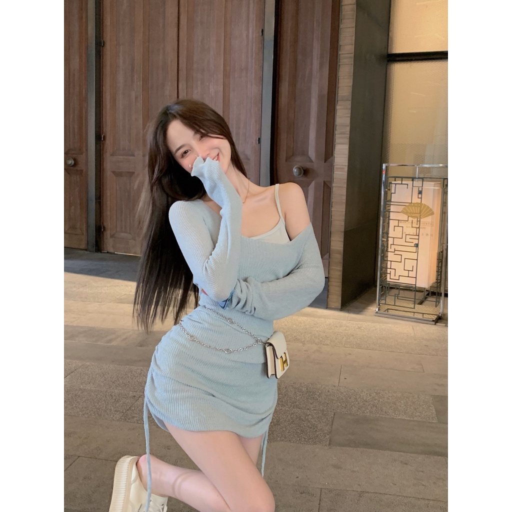 Đầm dệt kim trễ vai dáng ôm phối dây rút cá tính cho nữ