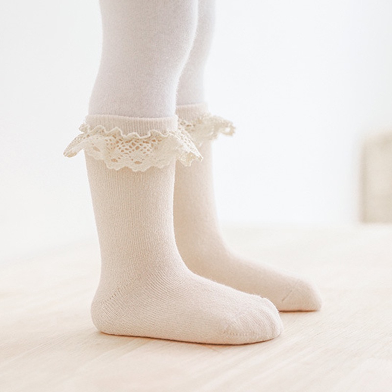 Vớ cotton mềm màu trơn phối ren nhún bèo giữ ấm mùa đông cho bé sơ sinh