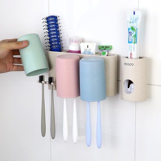 Giá treo bàn chải, kem đánh răng 3 cốc kèm dụng cụ nặn kem tự động Ecoco 1615