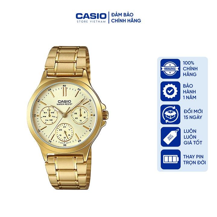 Đồng hồ Nữ Casio LTP-V300G-9AUDF, đồng hồ chính hãng, dây vàng mặt vàng, 6 kim
