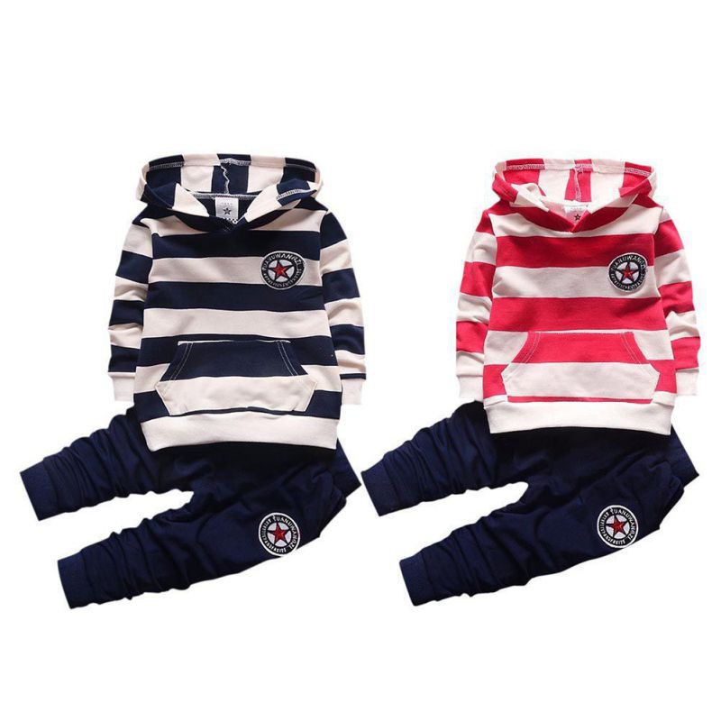 Set áo hoodie tay dài họa tiết kẻ sọc + quần dài thời trang mùa thu xinh xắn dành cho bé
