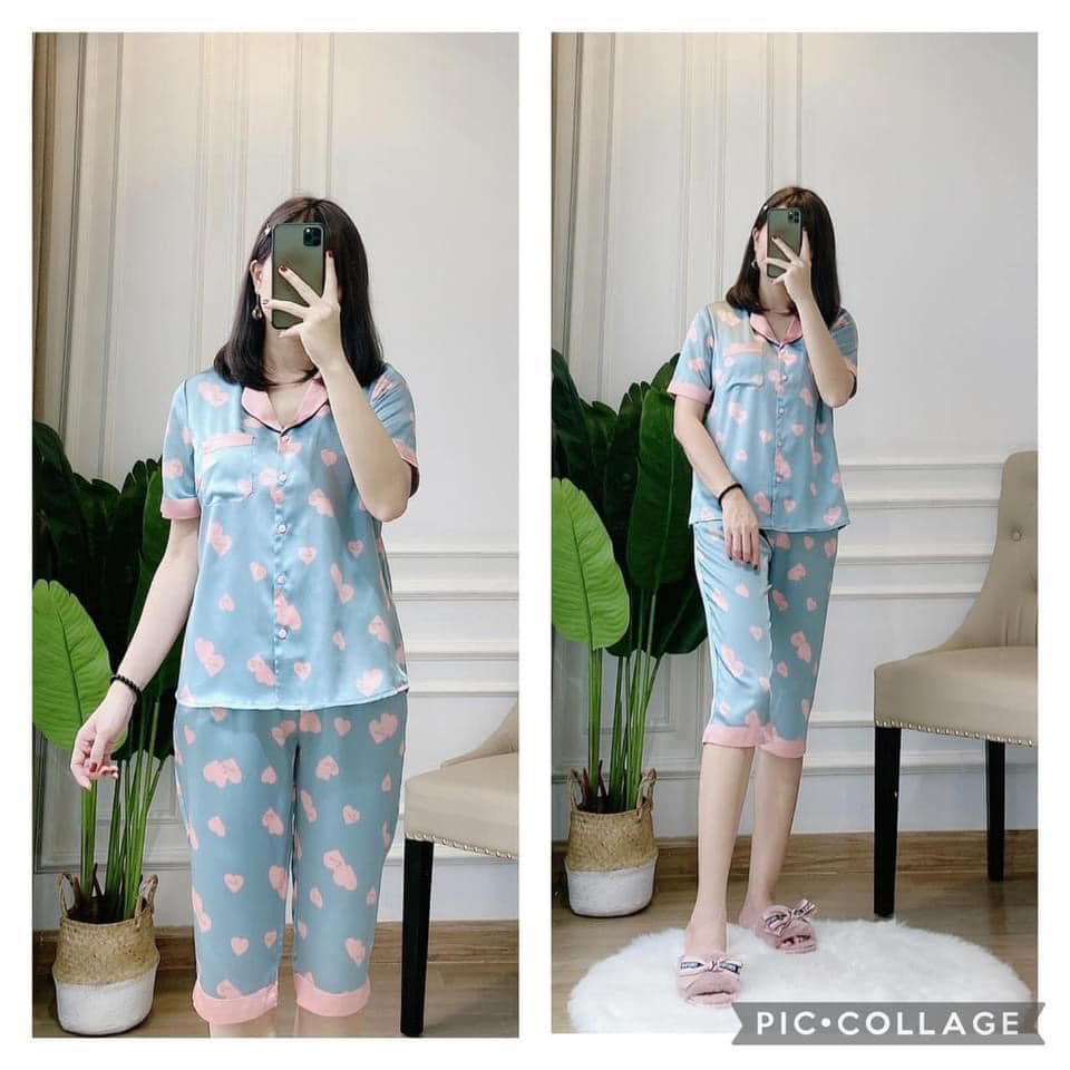 Bộ Pizama Lụa Tằm Họa Tiết Tim