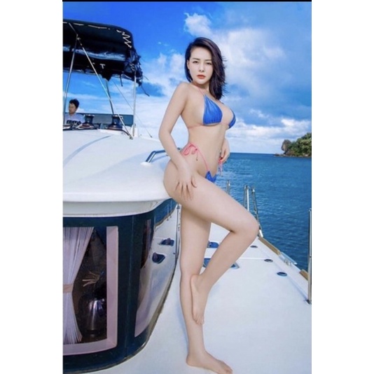 Bikini áo tắm 2mảnh tam giác xanh coban ship dây phối màu