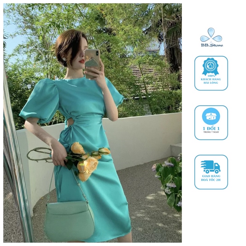Váy suông dài lụa satin tay bồng thiết kế dây rút eo