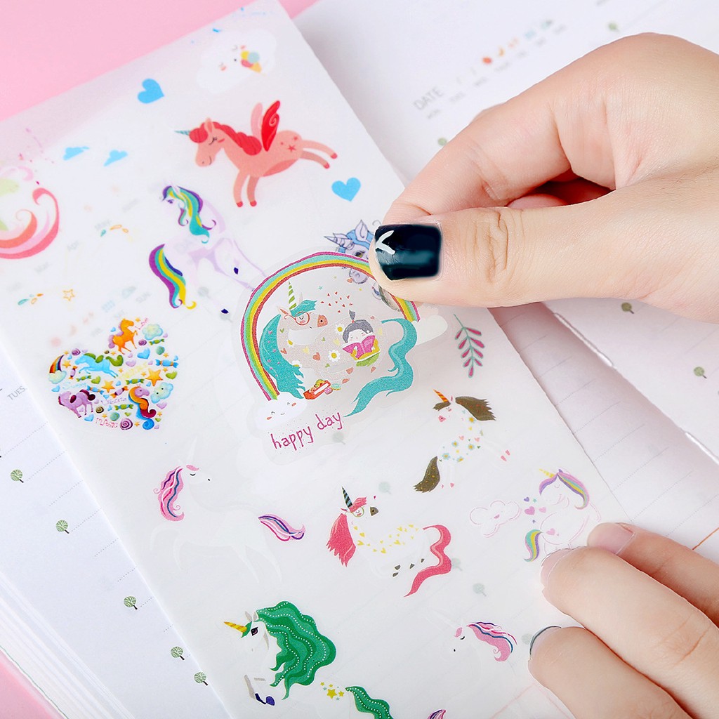 Set 6 tờ stickers dán trang trí hình kỳ lân DIY cho nhật ký dễ thương