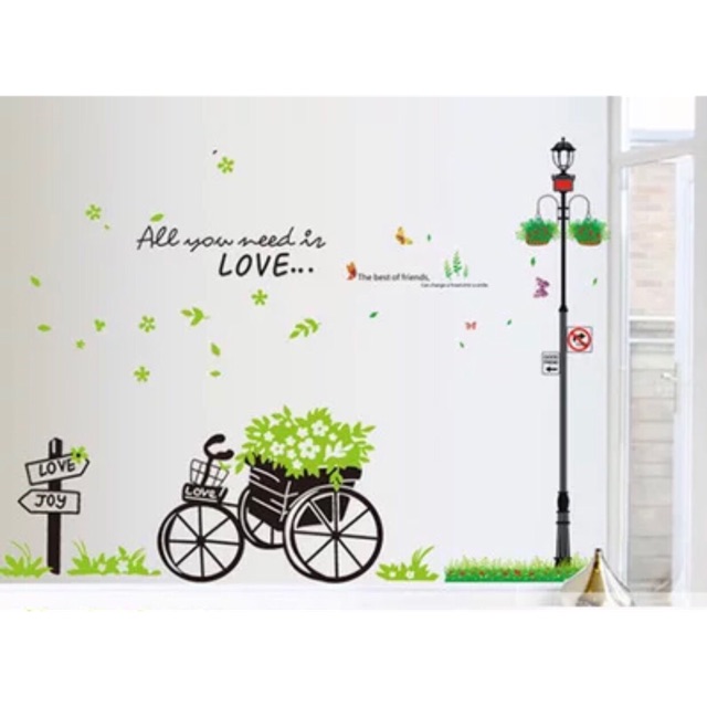 Bộ kết hợp Decal trang trí tường - Xe Đạp giỏ hoa và Cây đèn cổ điển ( 2 TẤM )