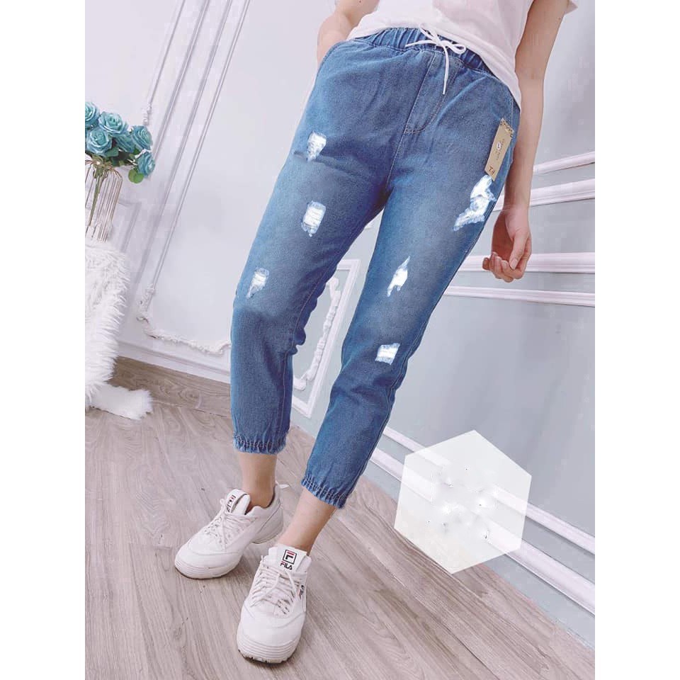 Quần Baggy Jean Nữ Lưng Thun Mẫu Rách Bo Tua Lai 2 Màu