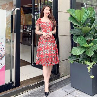 ĐẦM Voan Lụa Cổ Vuông Dáng Xòe Mặc 2 Kiểu Trễ Vai