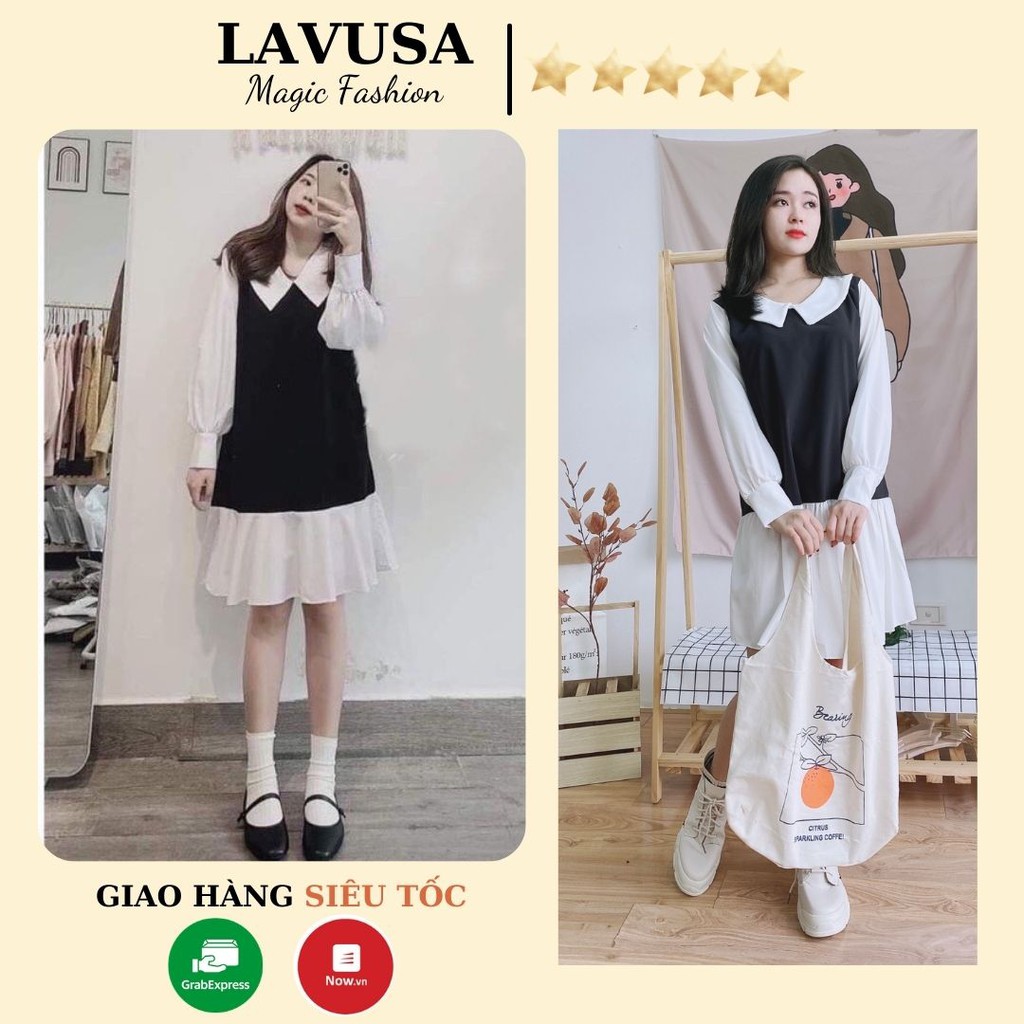 Đầm Babydoll Dài Tay Cổ Sen 🦋FREESHIP🦋 Váy Nữ Tay Bèo Đuôi Cá Phối Màu Đen Trắng LAVUSA