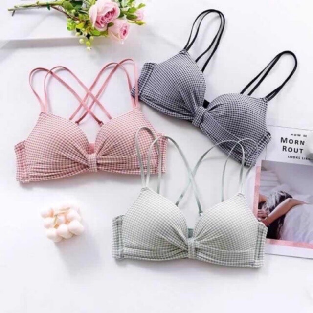 Áo Lót Nơ Nhún Ngực Phối Kẻ Không Gọng Siêu Xinh 970