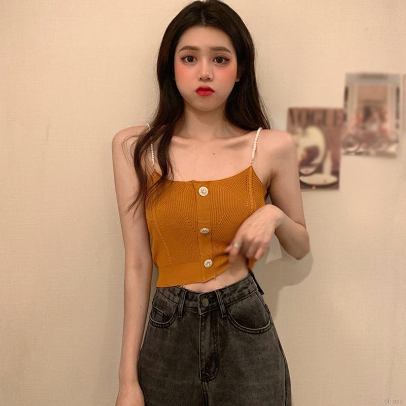 Áo Dáng Ngắn Hai Dây Ngọc Trai Quyến Rũ Thời Trang Cho Nữ