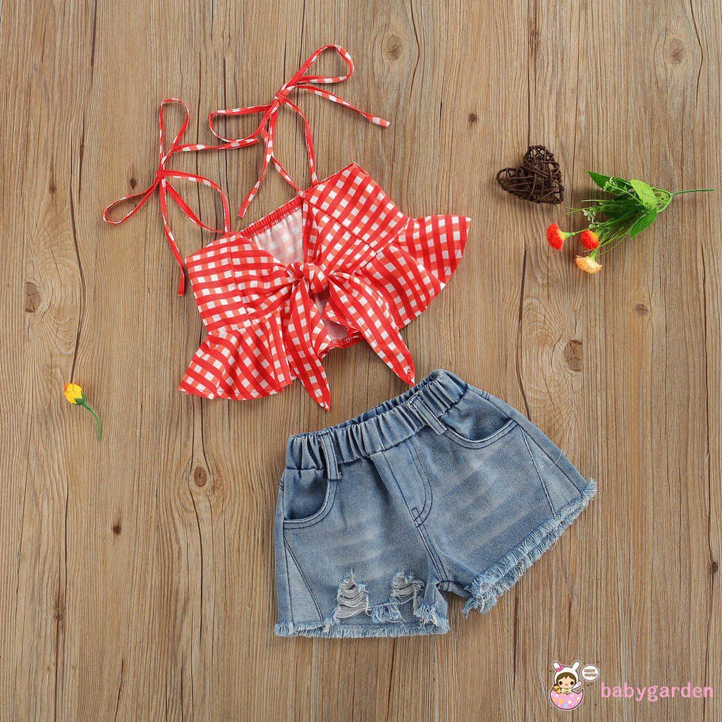 Bộ Đồ 2 Món Thời Trang Mùa Hè Áo Không Tay Viền Bèo + Quần Short Denim Rách Cho Bé Gái