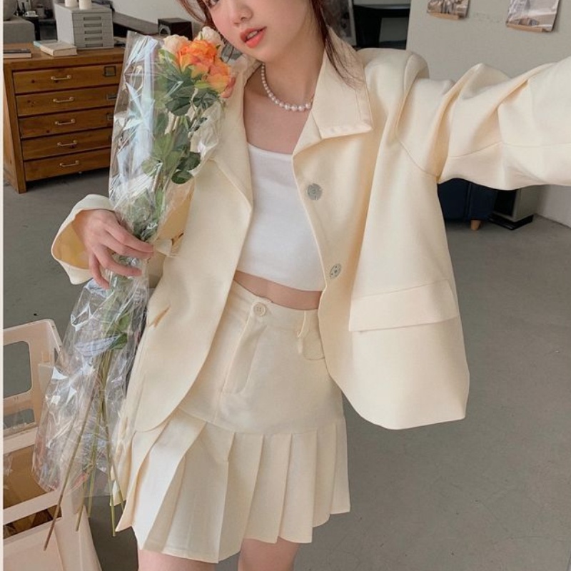 Chân váy xếp ly Perty / Áo khoác Perty thắt nơ phong cách Hàn Quốc dành cho nữ