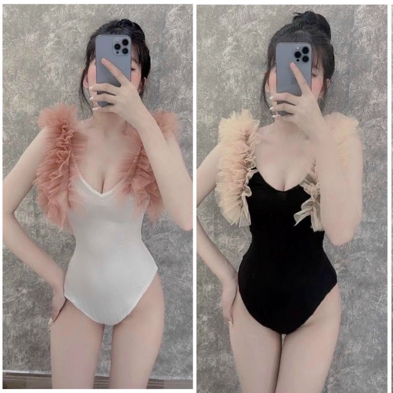 Đàm Voan Hoa Cổ V Bèo Tay Dài Phồng Dáng Xoè Bèo Có Lót Quần