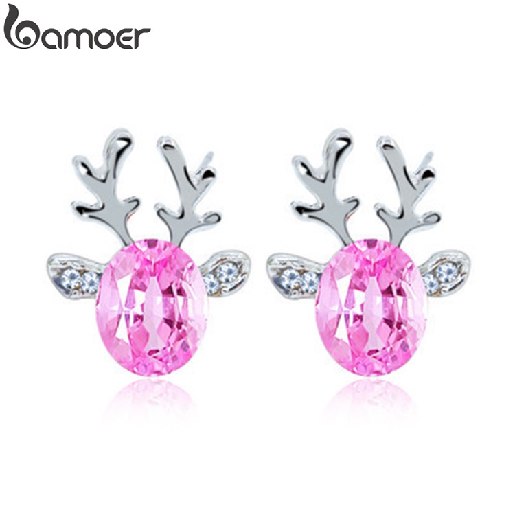 Khuyên tai BAMOER hình nụ bằng hợp kim hình nai sừng tấm đính đá dành cho dịp Giáng Sinh