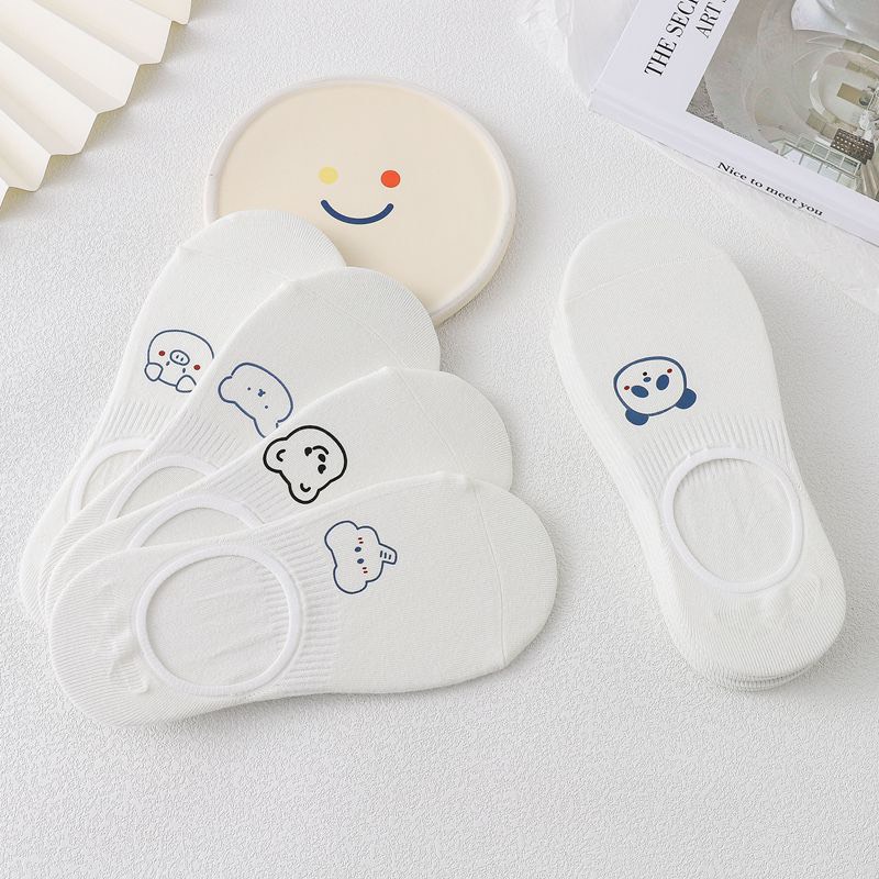 Một Đôi Tất Hài Nữ Màu Trắng Họa Tiết Dễ Thương Hàn Quốc Có Đệm Gót Silicon