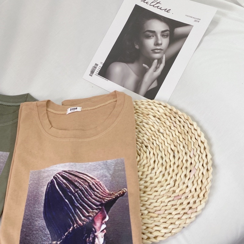 Áo phông 3158, áo thun tay lỡ form rộng chất cotton in hình cô gái