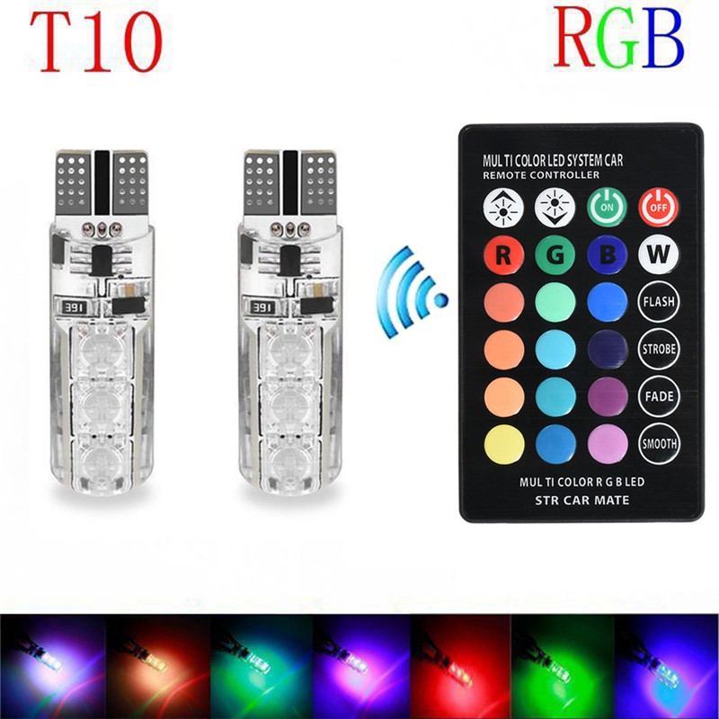 TK 2PCS 6SMD RGB LED T10 5050 Multi Color Light Car Wedge Remote Control Bulbs