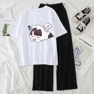 Sét Bộ Đồ Quần Áo Nữ Chào Hè Cotton Organic Ngắn Tay In 3D Bé Nằm Mơ Xinh Cute Mặc Ở Nhà Mix Quần Ống Rộng Thun Cát