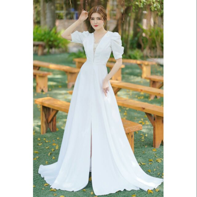 (free chỉnh sửa váy) đầm dạ hội cưới tay phồng váy xẻ tà, đầm cô dâu chụp ảnh cưới Hàn Quốc giá rẻ 2020