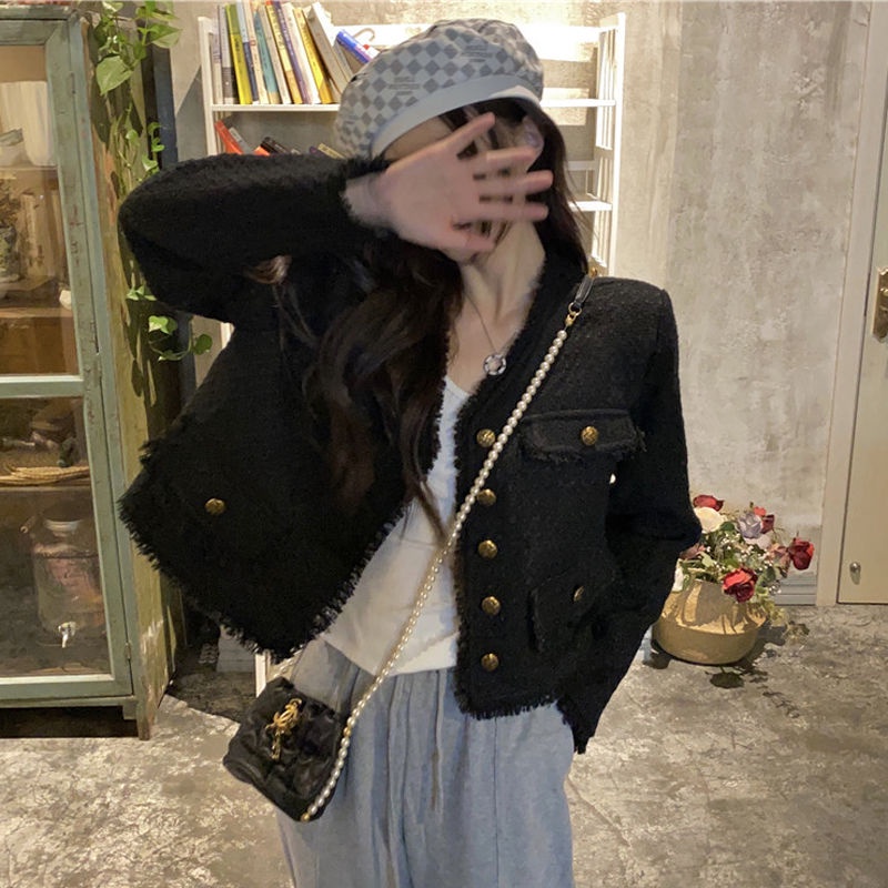 Áo Khoác Tay Dài Cổ Chữ V Dáng Rộng Màu Đen Phối Tua Rua Phong Cách Retro Thời Trang Mùa Thu Cho Nữ