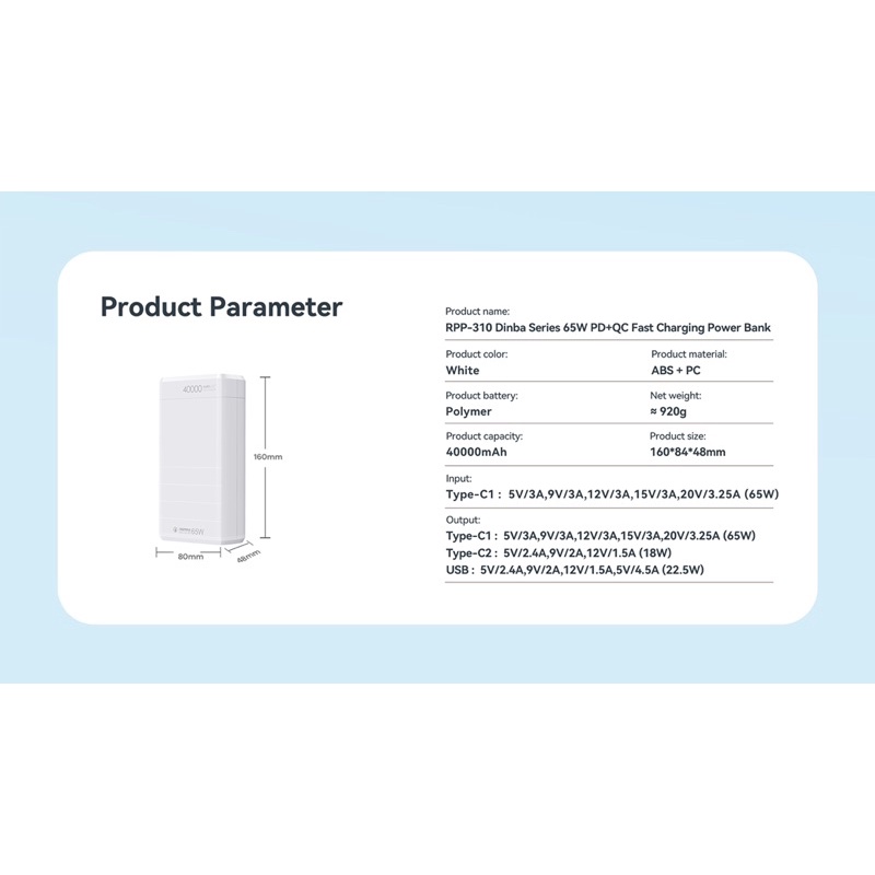 Pin sạc dự phòng 40000mah 65W Remax RPP-310 sạc cả máy tính