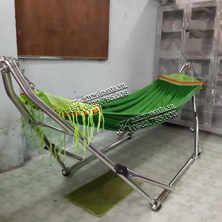 Võng xếp inox đầu cong relax -bộ võng xếp thái sơn lưới cán gỗ cao cấp VXRELAX
