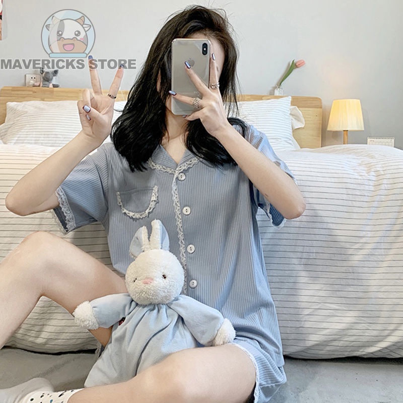 Bộ Đồ Ngủ Tay Ngắn Phối Ren Phong Cách Hàn Quốc Thời Trang Cho Nữ