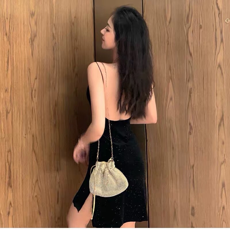 Váy đầm ôm body 2 dây hở lưng xẻ tà bling bling bắt sáng cổ V sexy đi tiệc đi chơi bar pub