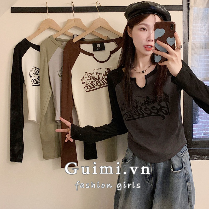 Áo thun NZN tay dài in chữ phối màu tương phản cá tính thời trang Hàn Quốc cho nữ