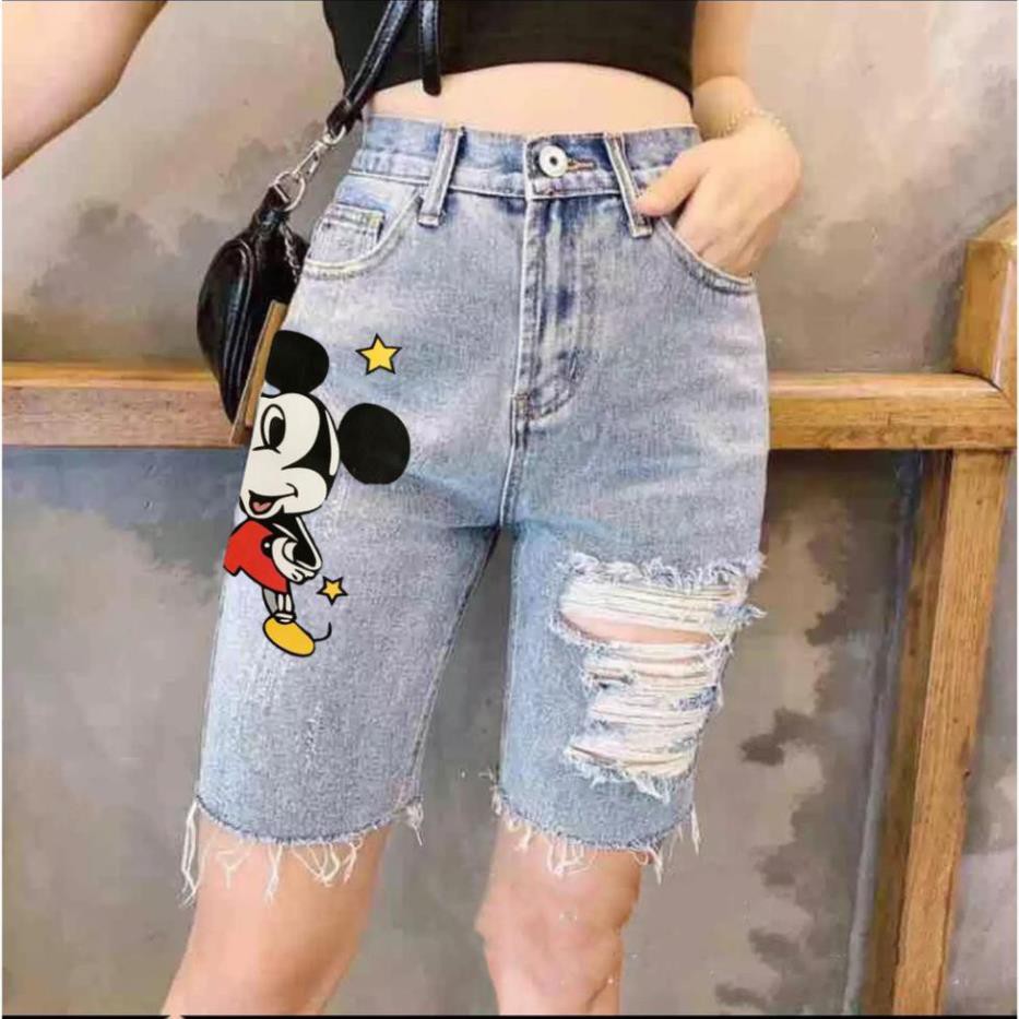 Quần jean ngố / lửng BIG SIZE lưng cao, co dãn mạnh rách kiểu đẹp IN HÌNH chuột mickey 3459 moliruan 🥇 ་ ..