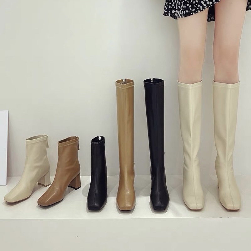 Boots da nữ cổ cao và cổ ngắn gót vuông cao 6cm da mềm ôm chân