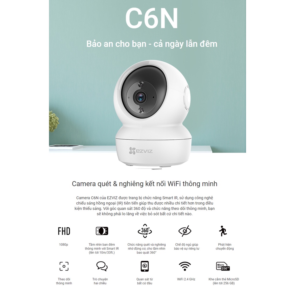 Camera WiFi Ezviz C6N 2K / FullHD, Đàm Thoại 2 Chều, Xoay 360 - Chính Hãng