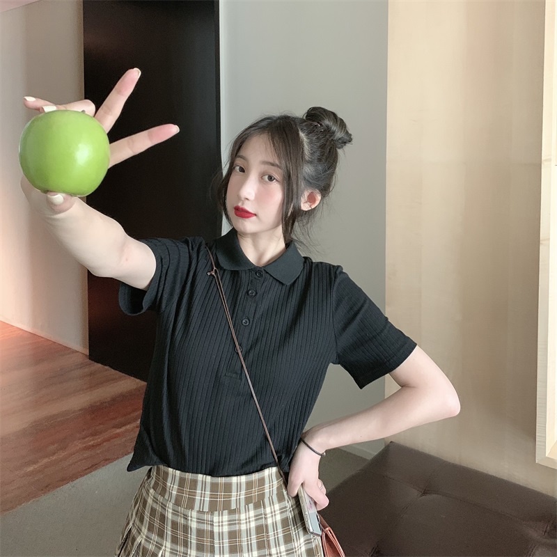 Áo polo nữ OKIMAC tay ngắn dáng rộng cổ bẻ sọc gân trơn phong cách đơn giản trẻ trung thời trang nữ