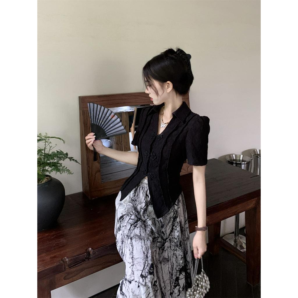 Đầm Sơ Mi Cổ Mép Lật Eo Cao Ngắn Tay Phong Cách Retro 63360