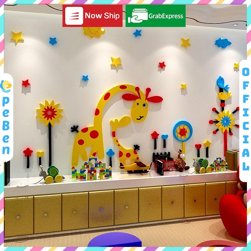 Tranh dán tường mica 3d decor khổ lớn hươu cao cổ trong vườn thú trang trí mầm non, phòng cho bé Nhiều Size - EPeBen