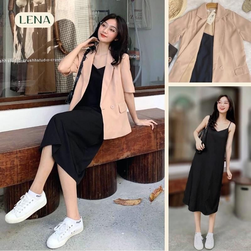 Áo Blazer nữ dáng vest tay lỡ 2 lớp LENA có đệm vai phối váy 2 dây dáng dài trẻ trung thanh lịch GMA027