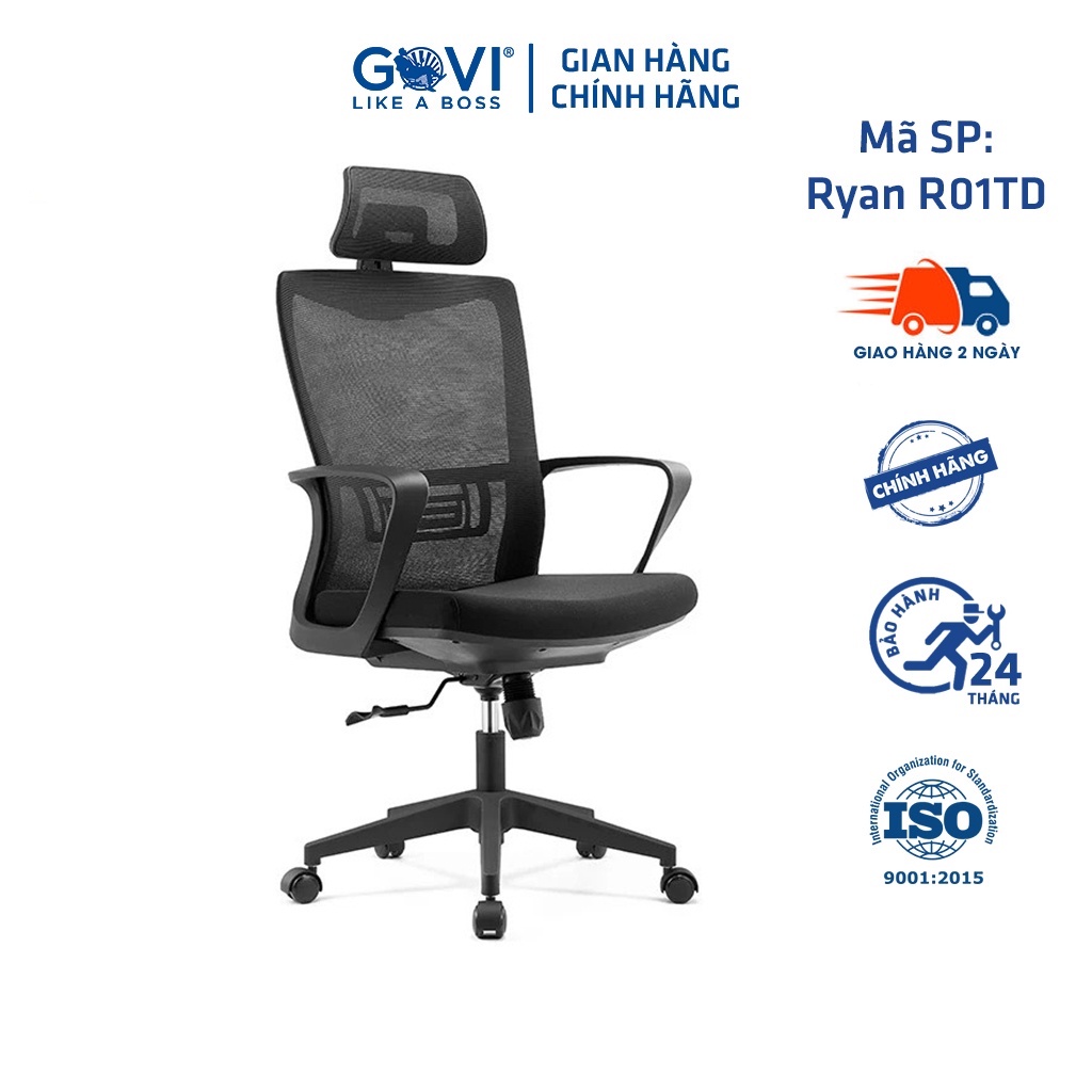 Ghế công thái học Ergonomic GOVI Ryan R01TD - Tựa đầu điều chỉnh độ cao, tựa tay cố định, mâm ghế ngả sau khóa 1 vị trí