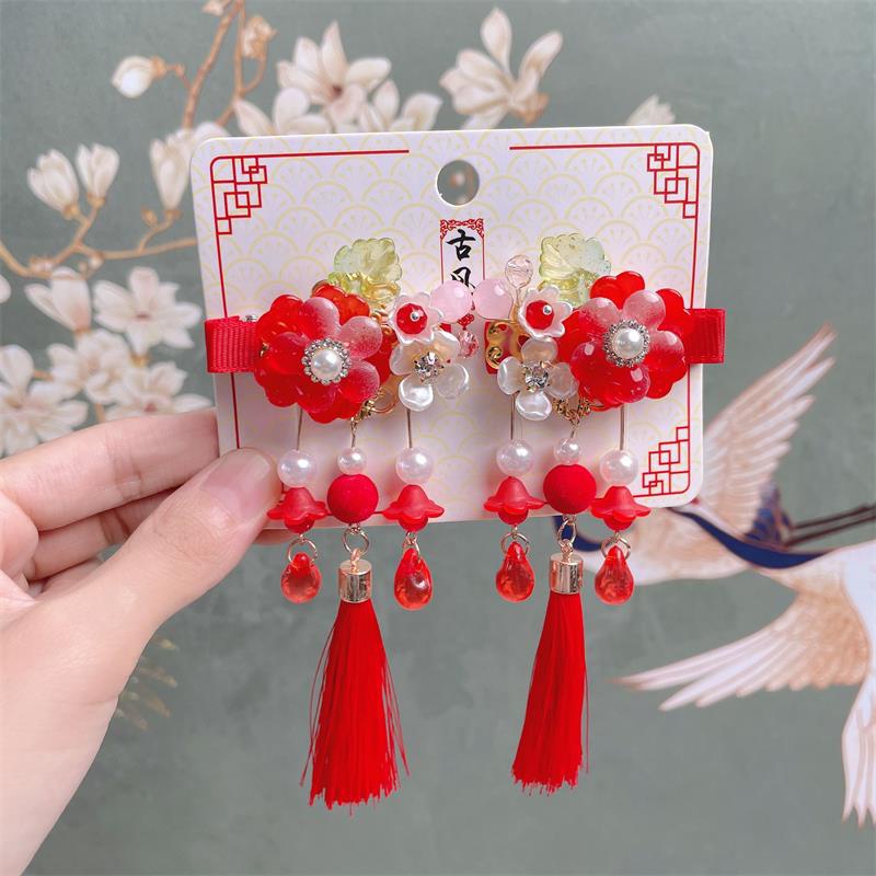 1 Cặp Kẹp Tóc Hình Nơ Tai Mèo Màu Đỏ / Hồng / Xanh Dương Kiểu Hán Phục Trung Hoa Dễ Thương Cho Bé Gái