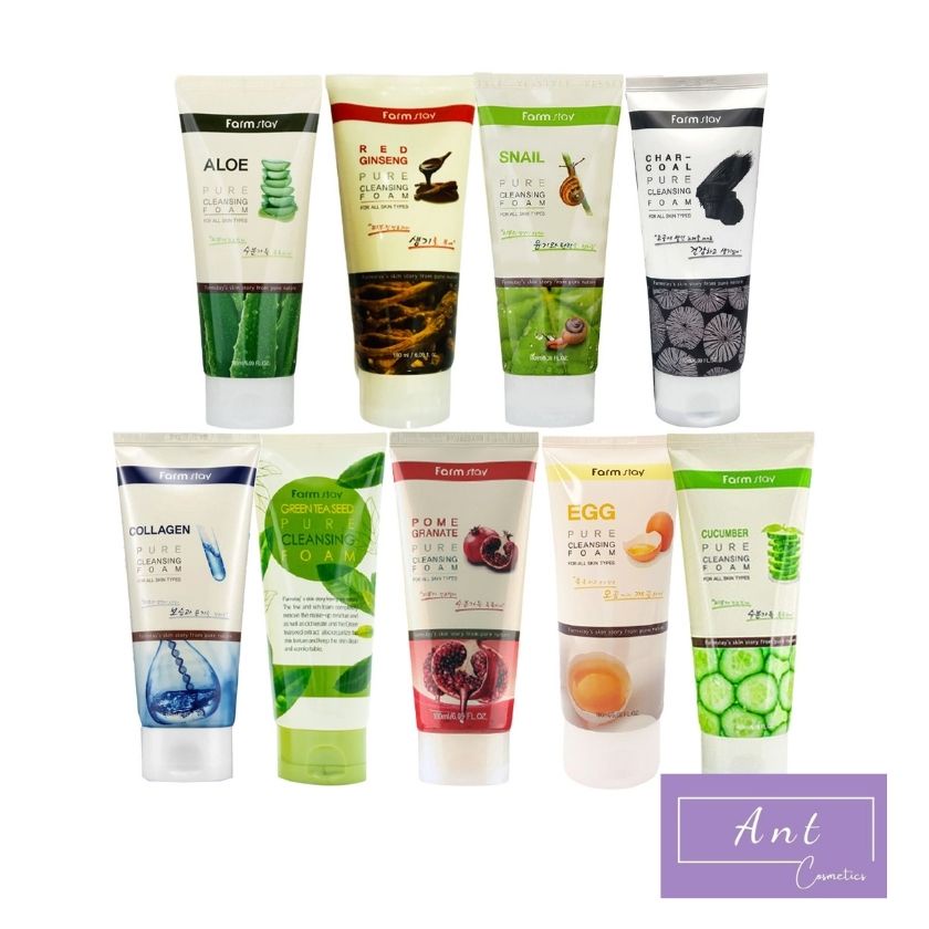 Sữa rửa mặt trắng da Hàn Quốc Farmstay 180ml các loại: collagen, sâm, ốc sên, trà xanh, lô hội, than, dưa leo