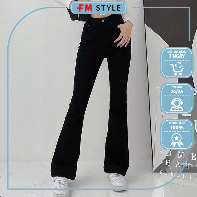 Quần ống loe nữ FM STYLE chất jean co giãn màu đen lưng cao co dãn bốn chiều siêu hách dáng 220325601