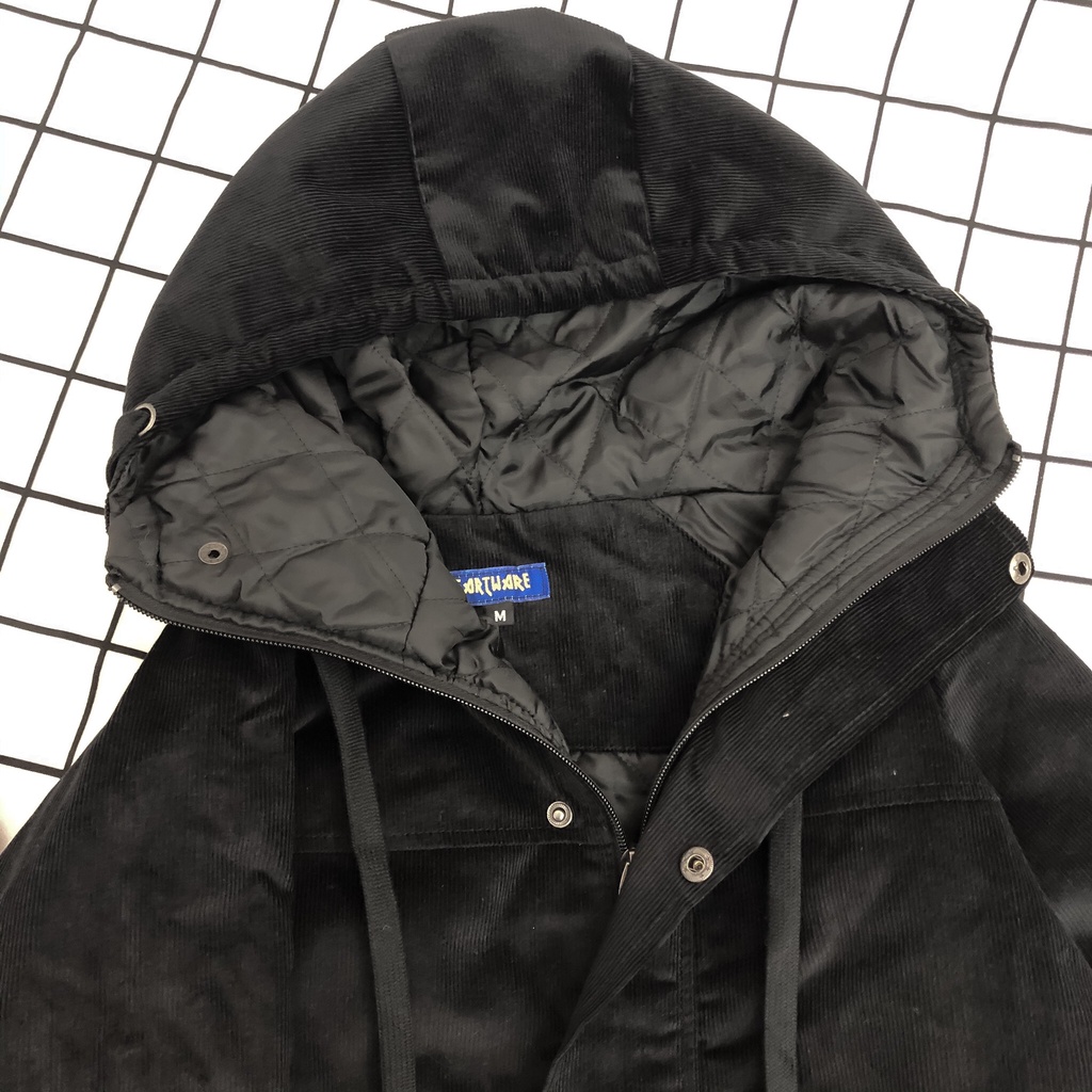 Áo khoác Kaki nhung tăm MEANSTORE Jacket có lớp chần bông oversize form rộng Khoác gió phong cách Hàn Quốc - Đen Trắng