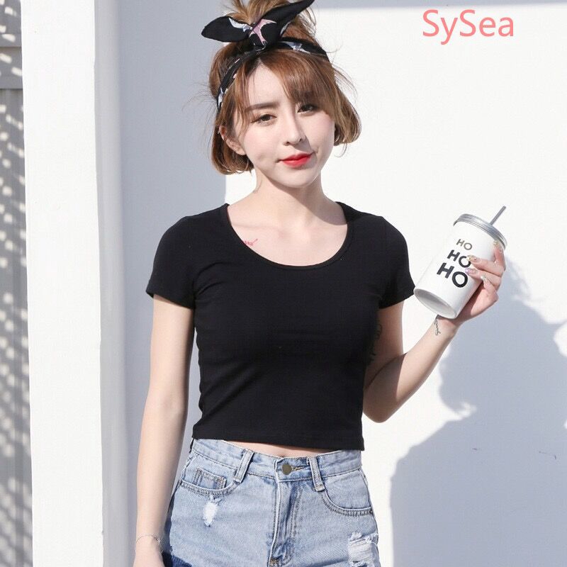 Áo croptop dáng ôm ngắn tay cổ tròn màu trơn trẻ trung đơn giản