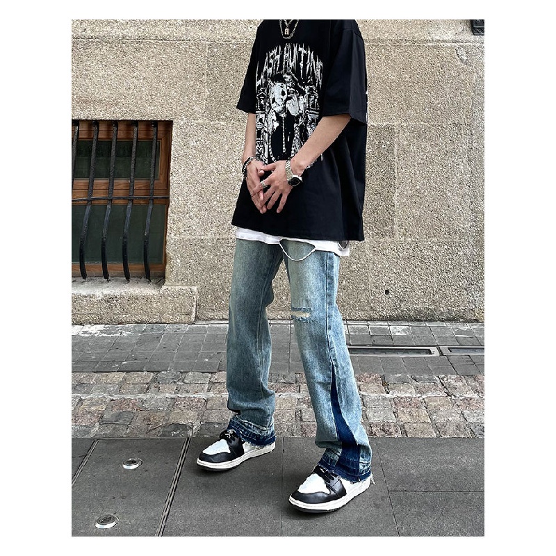 Quần Jeans Dài Dáng Rộng Thiết Kế Rách Phong Cách Retro Đường Phố Cho Nam Giới