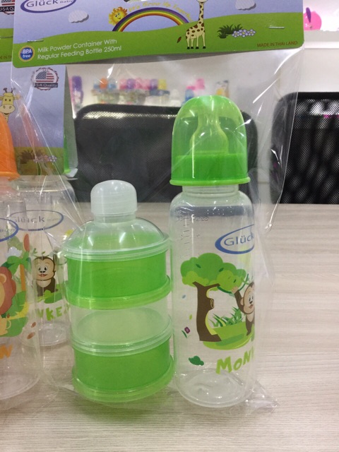 Combo bình sữa nhựa PP 250ml, hộp chia sữa 3 ngăn gluck baby màu xanh dương