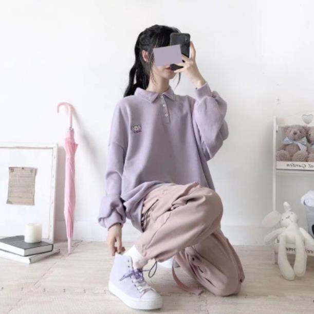 [ORDER+ẢNH THẬT] Áo Polo tím dài tay chất nhung mịn oversize Ulzzang thêu hình siêu xinh 😍  ྇