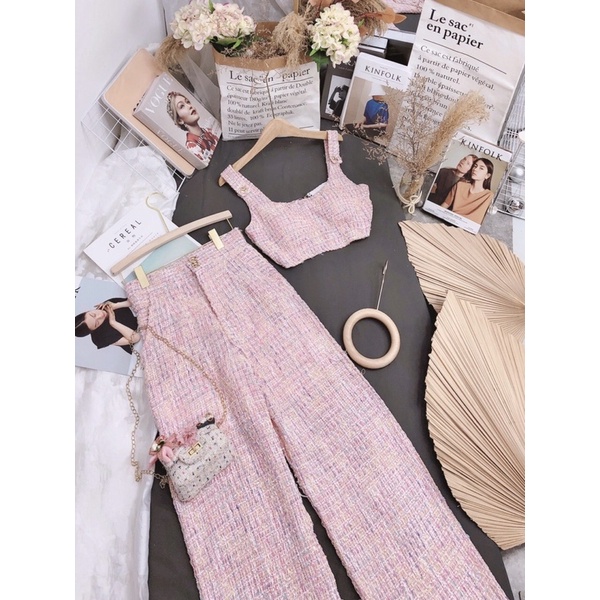 Set bộ áo crop top hồng kèm quần ống suông,set đồ nữ đi làm đi chơi siêu xinh