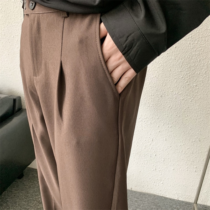 ♞AFF LIGA♞ Quần dài ống suông rộng phối túi và nút cài màu trơn phong cách Hàn Quốc đường phố vintage đơn giản thời trang cho nam