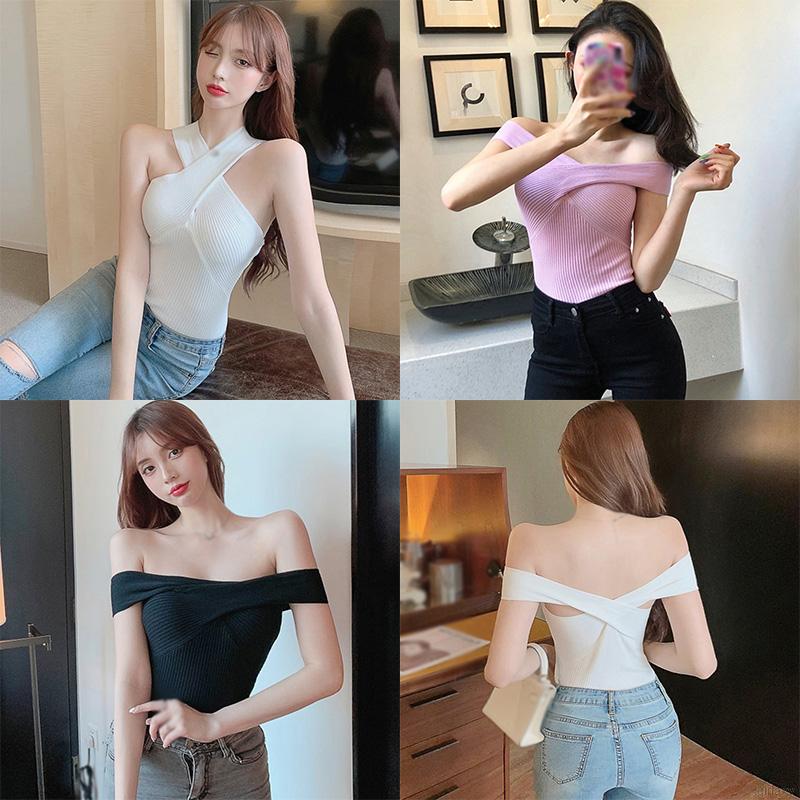 Áo kiểu trễ vai màu trơn dệt kim phong cách Hàn Quốc